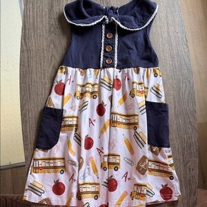 Navy Top School Print Dress with Red and Yellow Accents